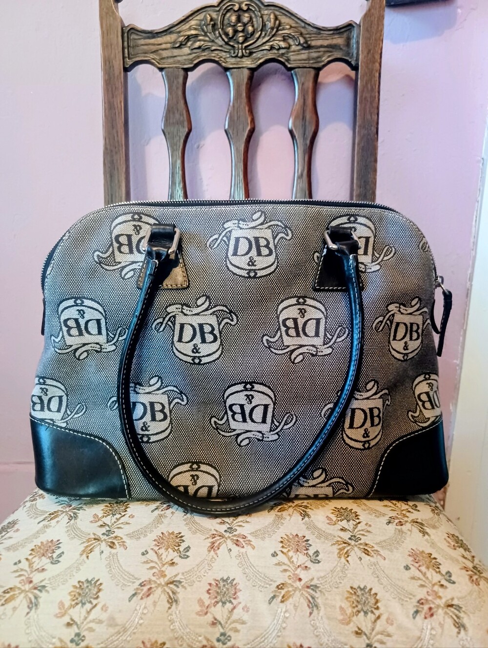 Dooney & Bourke Black and Cream Logo Dome Satchel